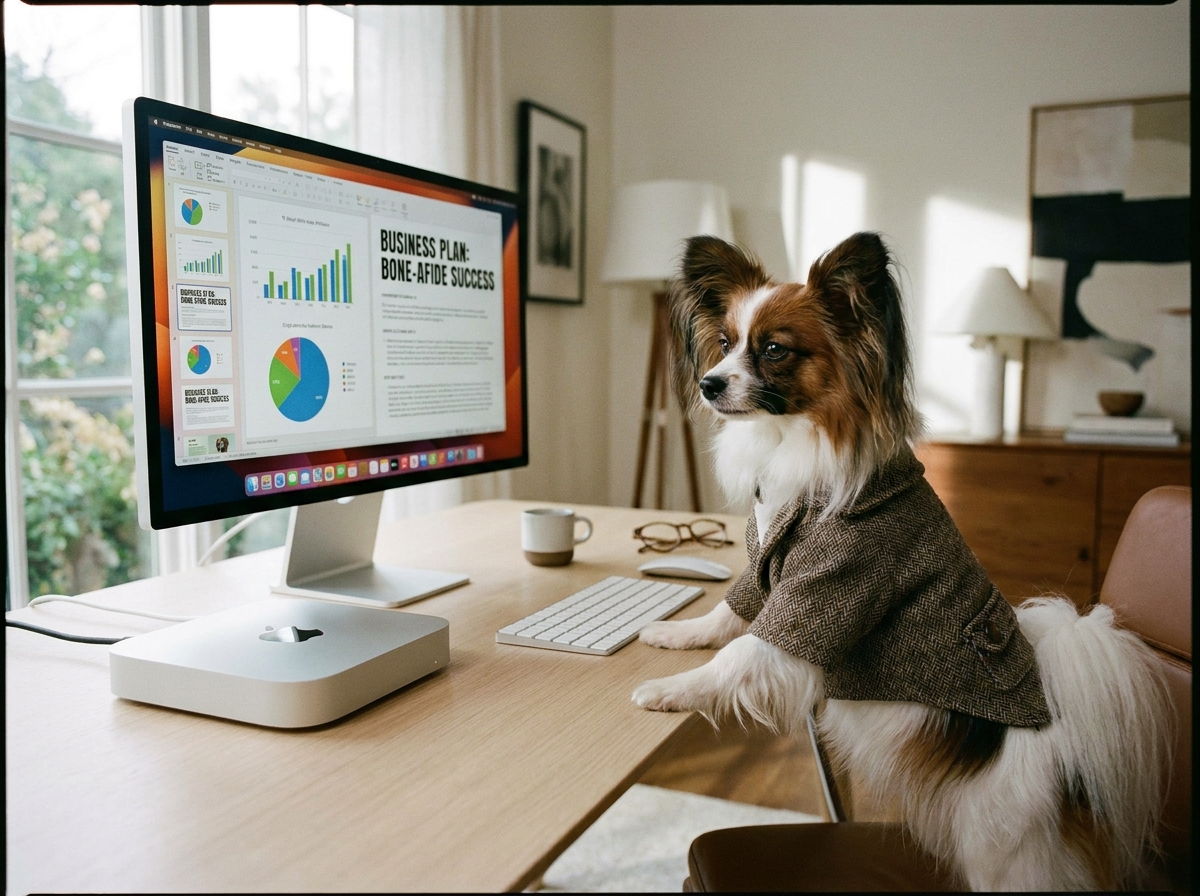 Mac miniで仕事するビジネスドッグ